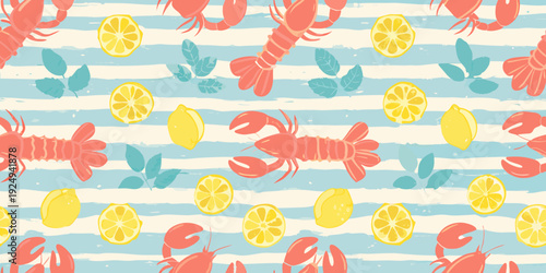 A playful pattern featuring lobsters lemons and teal leaves on stripes