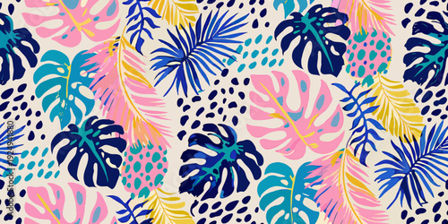 Colorful tropical leaf pattern with abstract spots and vibrant hues