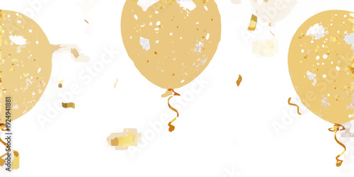 Golden balloons floating against a dark background with scattered confetti