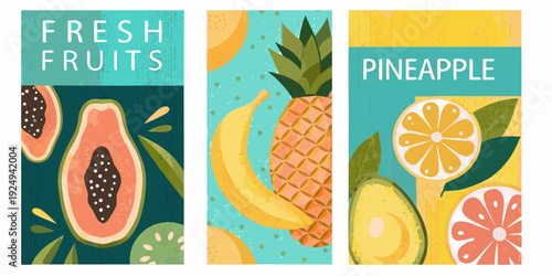 Colorful illustrations of tropical fruits papaya pineapple and banana