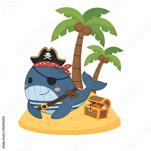 Cute blue cartoon shark monster smiling happily in the ocean water in a fun vector illustration style