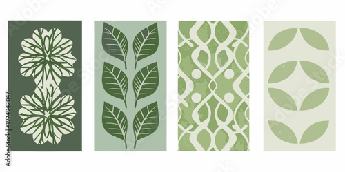 Four vertical panels displaying botanical and geometric green patterns