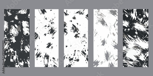 Abstract black and white brushstroke patterns arranged in vertical panels