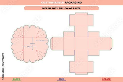 Flower style box packaging dieline template with lid custom dimensions elegant customizable gift boxes decorative carton structures trendy detailed packaging die line