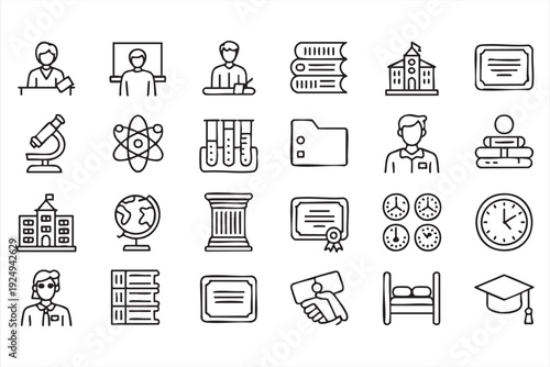 University education icons for classroom management and study platforms