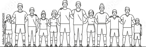 Diverse group of stylized figures standing in a unified formation with varied attire and poses