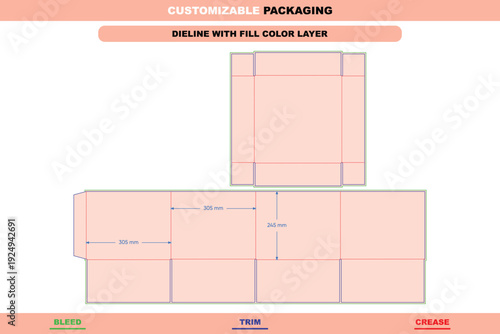 Hoarding carton box with lid dieline template structure for strong product packaging customizable folding carton elegant design supported by detailed die line