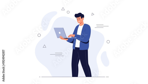 Young man working on laptop, modern flat illustration, digital technology concept