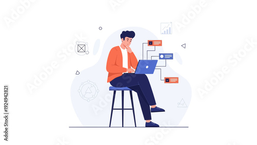 Young man working on laptop, flowchart, data analysis concept, modern flat illustration