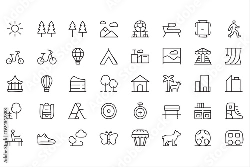 Travel and outdoor activity icons for eco lifestyle and adventure design
