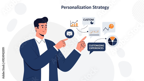 Personalization Strategy Illustration: Businessman Explains Custom Experiences and Marketing Data