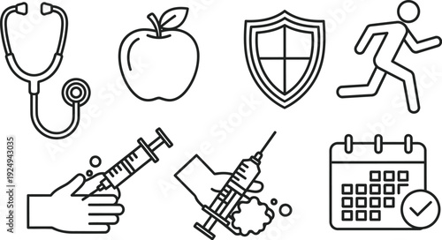 Health, safety, and wellness icons representing a balanced lifestyle approach
