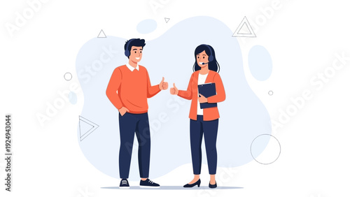 Two business people giving thumbs up, communication and teamwork concept