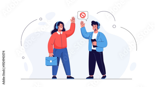 Two people giving high five, wearing headsets, business concept, illustration