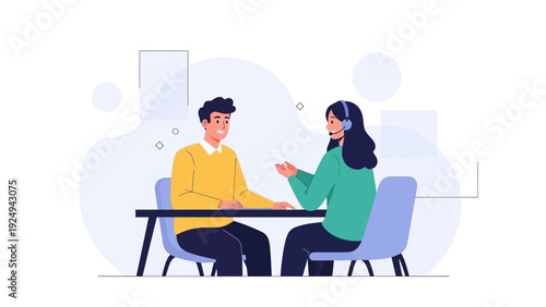 Two people talking at a table, illustration, business meeting, conversation, teamwork