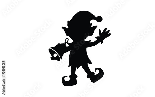 A whimsical black silhouette of a gnome holding a bell and waving cheerfully isolated on white background, Vector, illustration