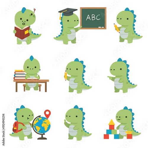 Cute and funny cartoon animal vector set dino in colorful style