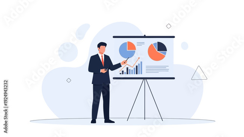 Businessman presenting financial report with charts on whiteboard