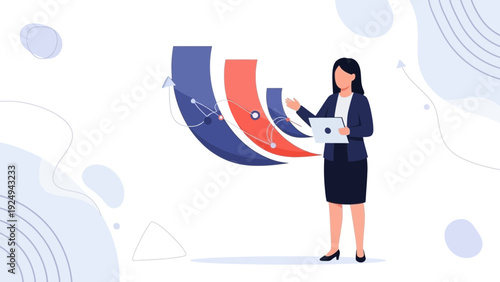 Businesswoman presenting data analytics with rising charts and network connections