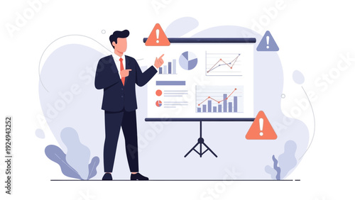 Businessman presenting financial risks and warnings on a whiteboard