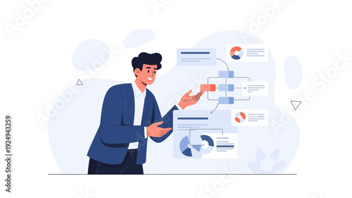 Businessman presenting flowchart and charts, business strategy and planning concept