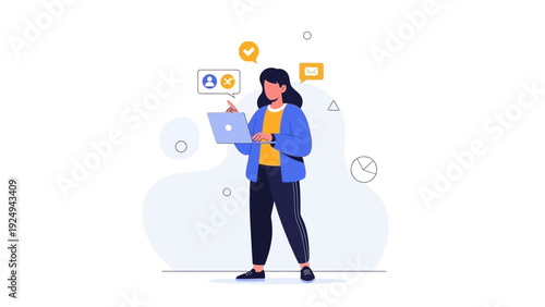 Woman using laptop with social media icons, online communication concept