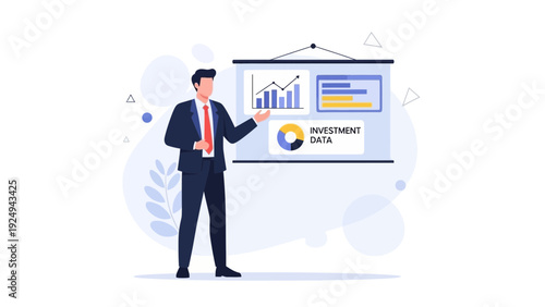 Businessman presenting investment data with charts on a whiteboard