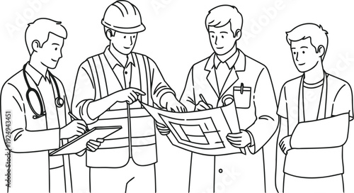 Four individuals engaged in a collaborative meeting around a table with documents