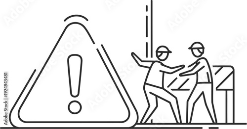 Warning sign with workers using a ladder and tools near a structure