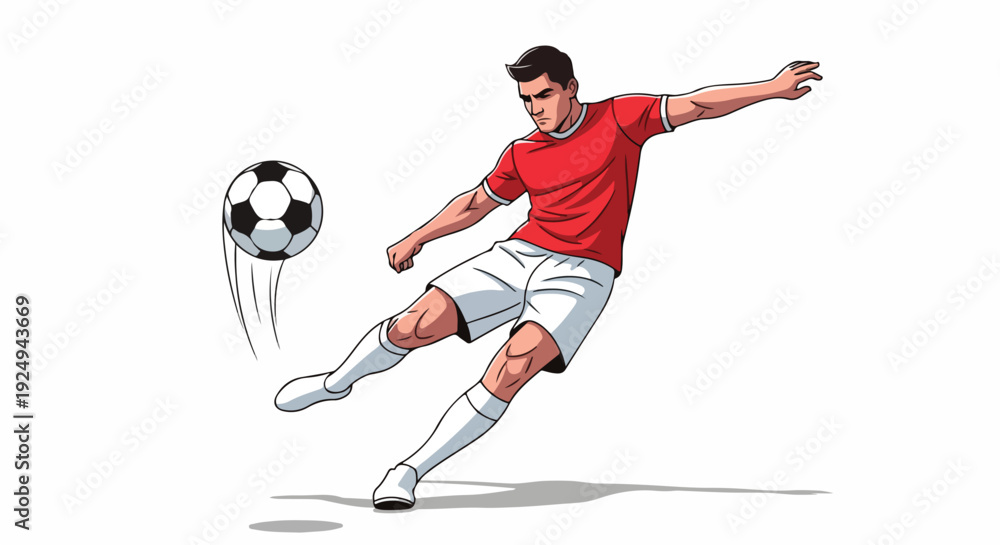 Fototapeta premium Illustration of a male soccer player kicking a ball with motion lines on a white background.