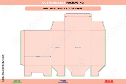 Snap lock auto bottom box dieline with custom dimensions back open folding style packaging template professional stylish accurate die line construction