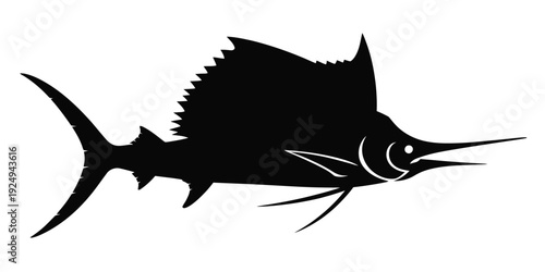 Graceful silhouette of a marlin fish swimming through the ocean depths isolated on white background, Vector, illustration