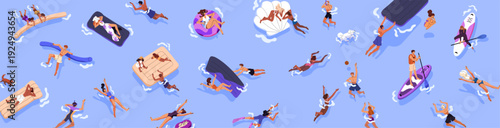 People are in swimming pool or sea top view banner. Tourists are floating on inflatable circle, sunbathing on mattresses, playing with ball in water on summer holidays. Flat vector illustration