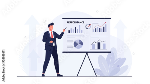 Businessman presenting performance charts and graphs on a whiteboard