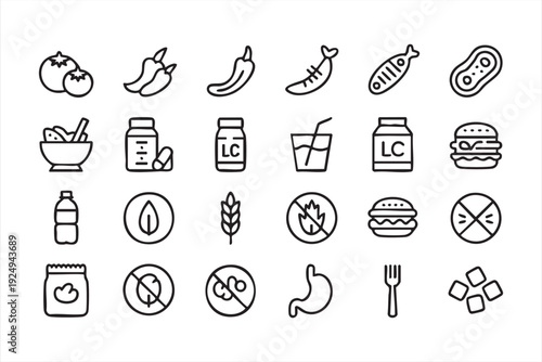 Diet and nutrition symbols with meals drinks and allergy labels