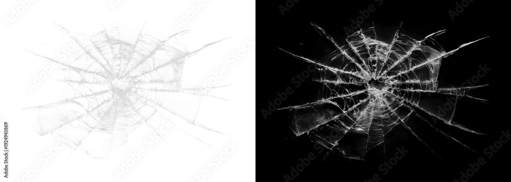 Obraz premium Cracked glass shattered window pane on white and black backgrounds