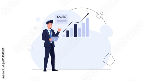 Businessman presenting sales growth chart with upward trend and arrow.