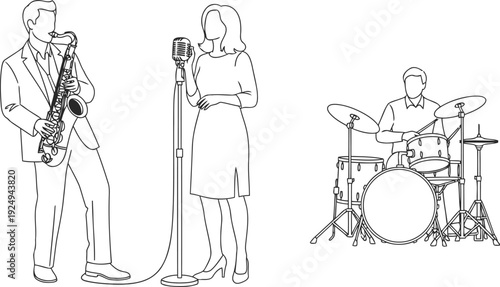 Sketch of a band performing live on stage with musical instruments