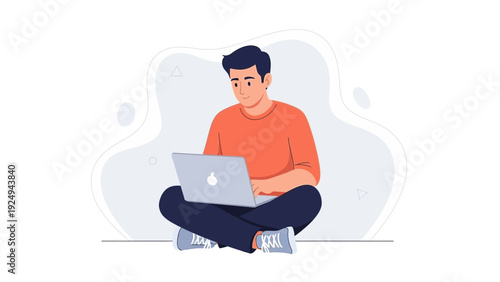 Young man sitting cross-legged with laptop, working remotely, flat design