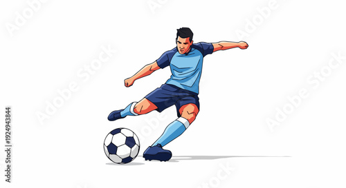 Illustration of a soccer player kicking a ball with his right foot in mid-action on a plain white background.