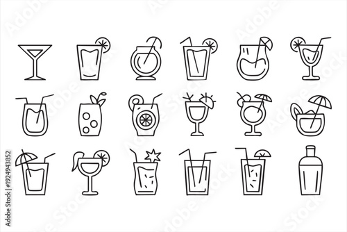 Beverage and cocktail line icons for restaurant menu and hospitality design