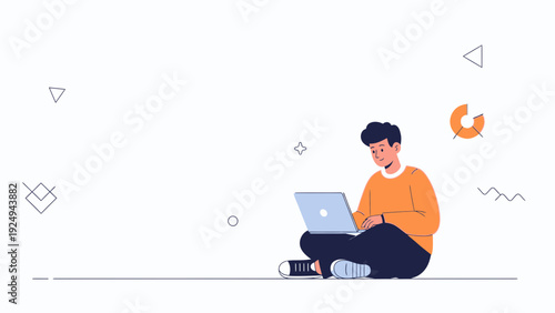 Young Man Sitting Cross-legged Working on Laptop with Abstract Shapes