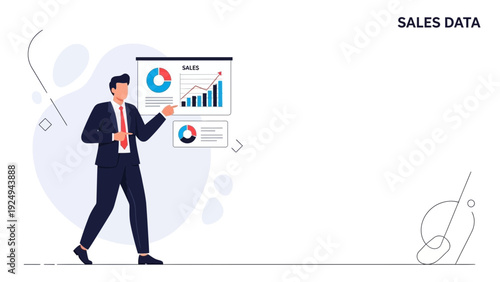 Businessman presenting sales data charts and graphs on a whiteboard