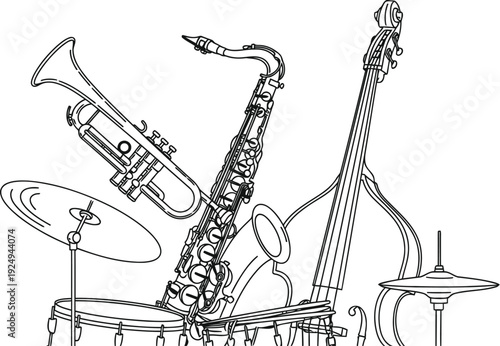 A vintage illustration of a band performing with musical instruments and microphones