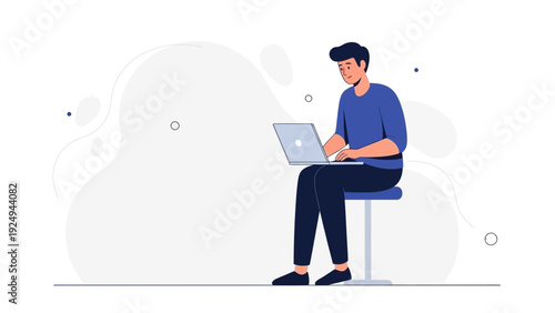 Young man working on a laptop computer, modern flat illustration