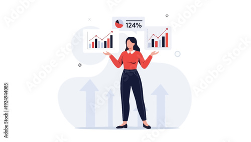 Businesswoman analyzing financial charts and graphs, data visualization