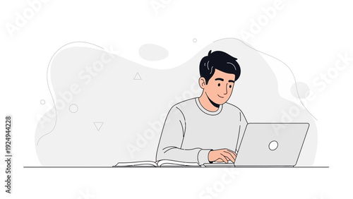 Young Man Working on Laptop Computer, Studying Online, Minimalist Illustration