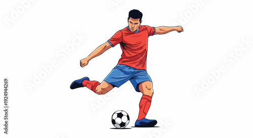 Illustration of a male soccer player kicking a ball with his right leg in mid-action, wearing a red jersey and blue shorts, against a plain white background with a dynamic and energetic
