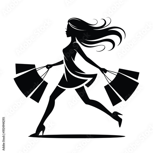 Elegant silhouette of a woman running with shopping bags in stylish attire isolated on white background, Vector, illustration