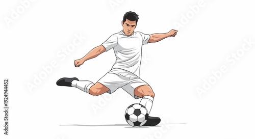 Illustration of a soccer player kicking a ball in a white uniform on a plain white background with a dynamic pose.
